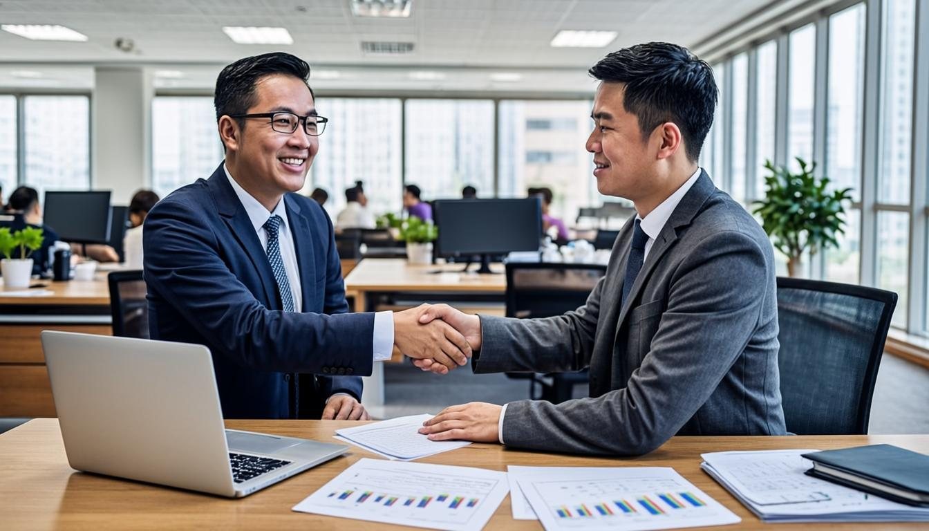 Recruitment consultant greeting a candidate in the office