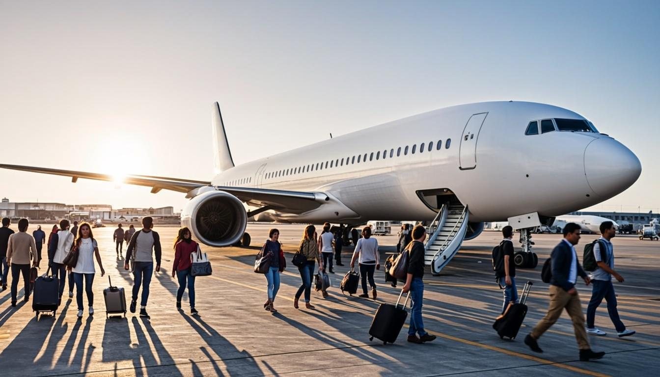 Overseas workers with luggage walking towards an airplane at the airport departure gate